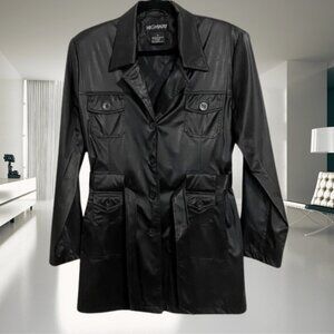 Highway Black Belted Faux Vegan Leather Button-Down Jacket • Size Medium • Chic